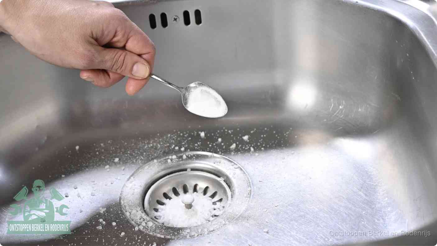 Een hand strooit soda in de afvoer van een roestvrijstalen spoelbak, zelf je gootsteen ontstoppen met soda en azijn in Berkel en Rodenrijs